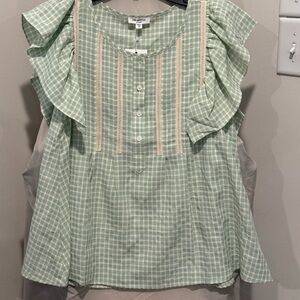 Green Checkered Ruffle Blouse